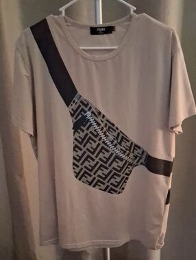 Fendi Beige Graphic Tee with Faux Monogram Belt-Bag Print